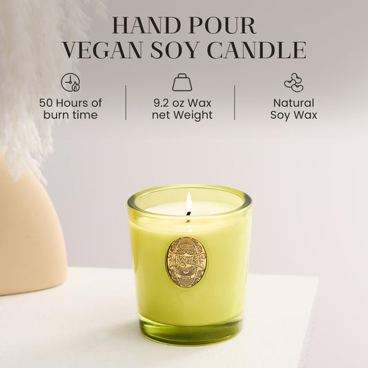 Close-up of M&SENSE candle jar with Seattle Rainforest & Matcha Green scent