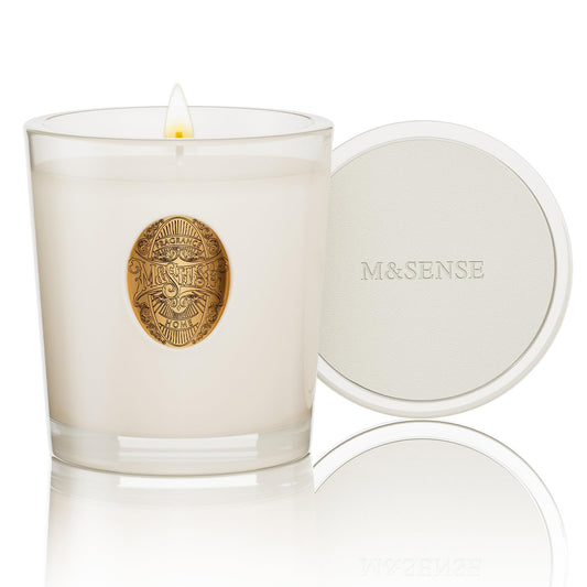 Front view of M&SENSE Vanilla Dream & White 9.2 oz candle in glass jar