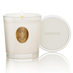 Front view of M&SENSE Vanilla Dream & White 9.2 oz candle in glass jar