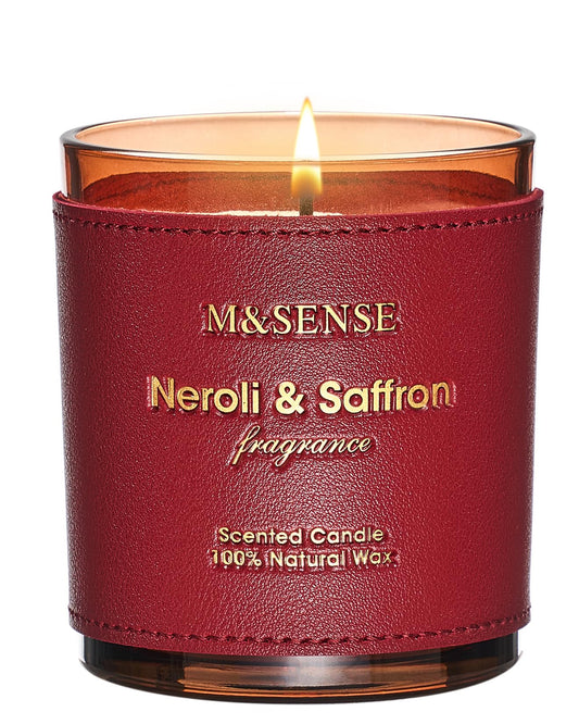 M&SENSE Neroli Saffron candle in glass jar with leather sleeve