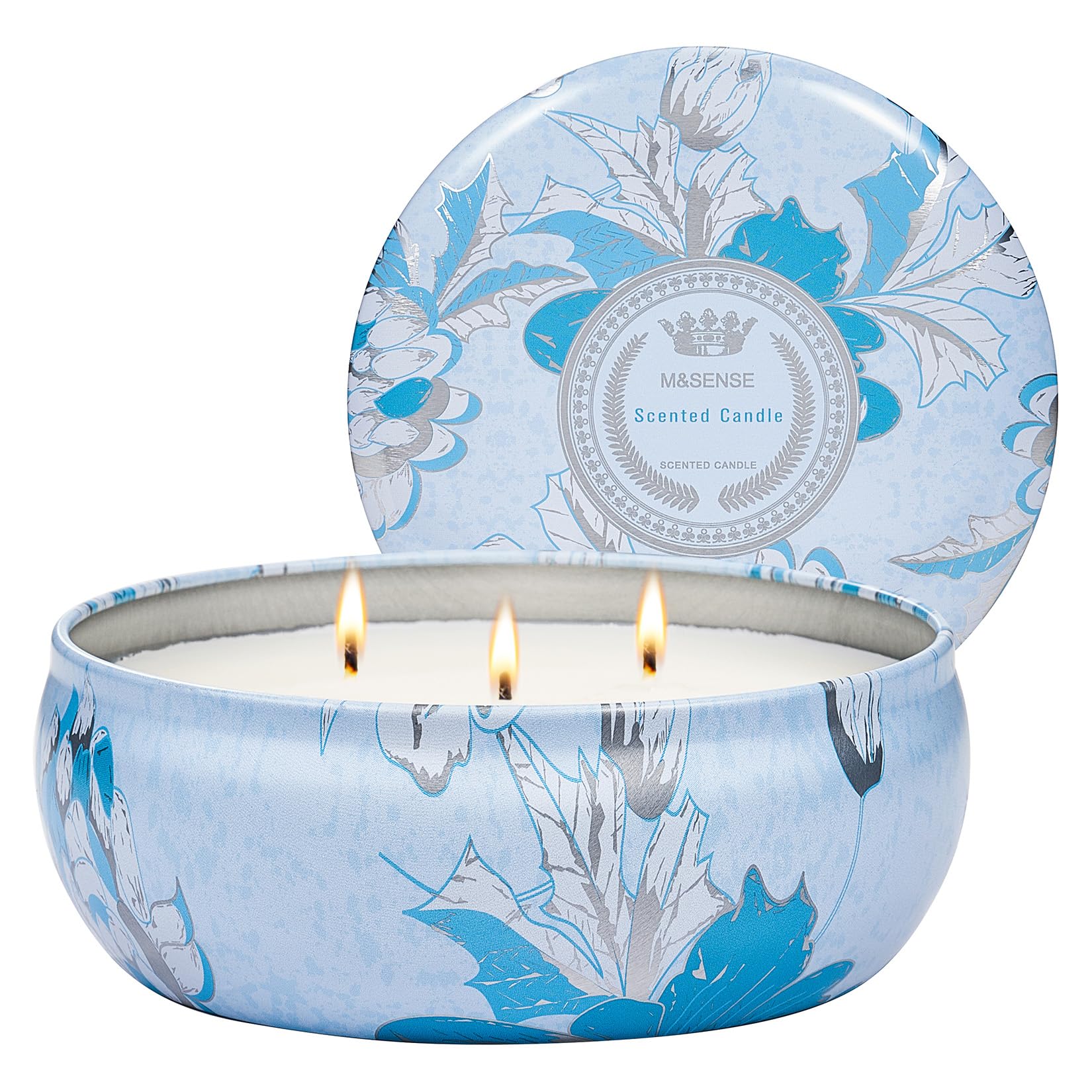 Front view of M&SENSE Ocean Waters 3-Wick Soy Tin Candle