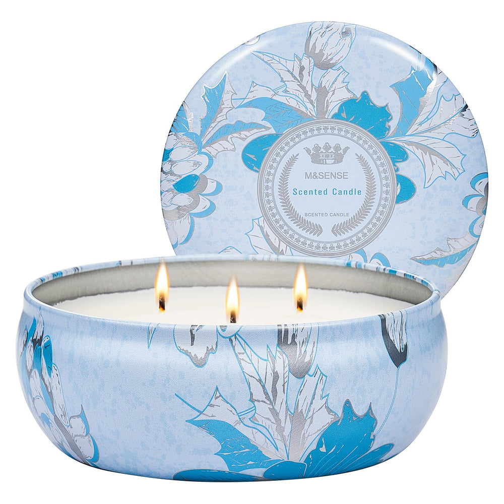 Front view of M&SENSE Ocean Waters 3-Wick Soy Tin Candle