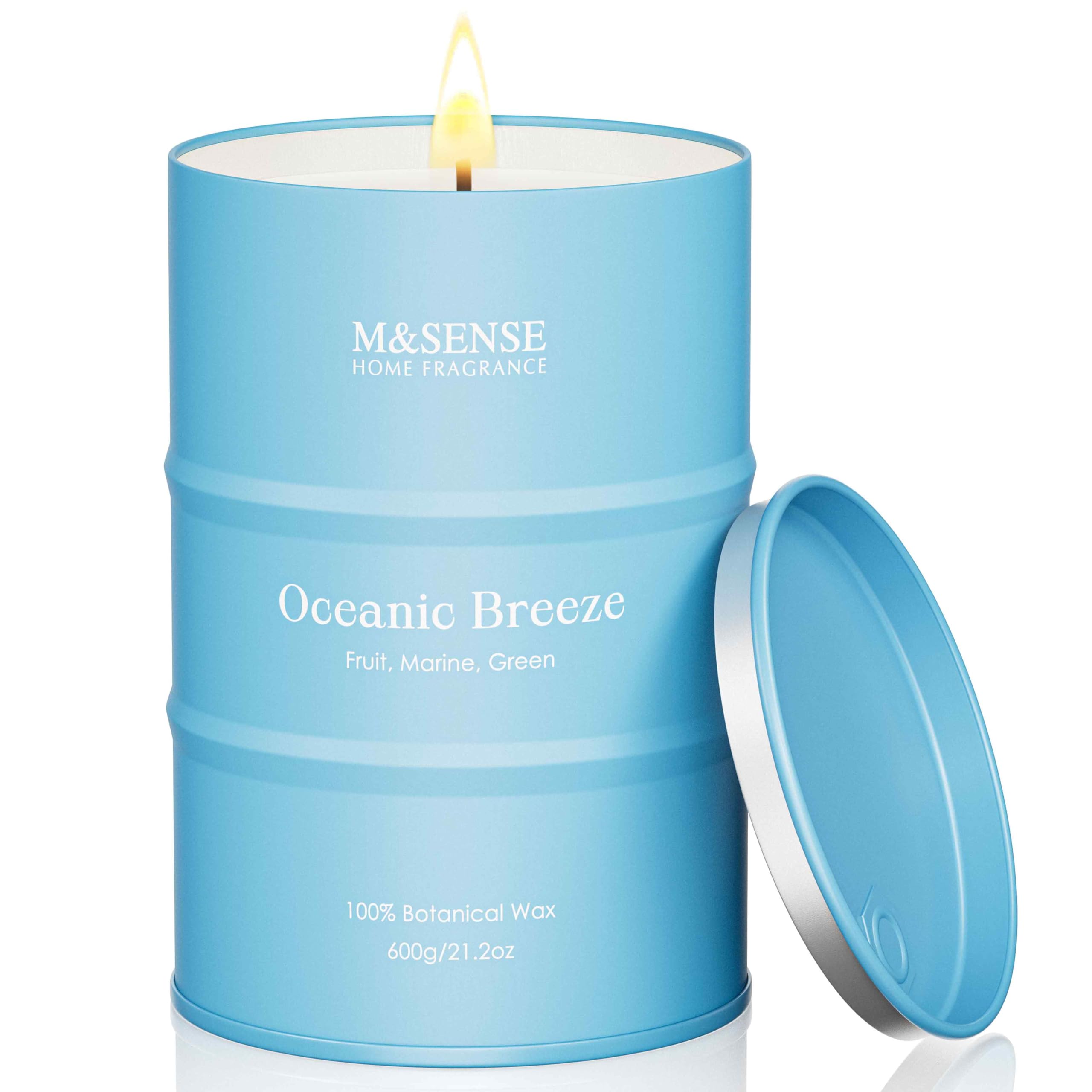 Front view of M&SENSE Oceanic Breeze candle in tin