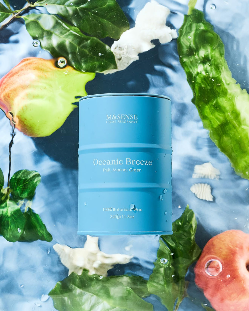 Side view of M&SENSE Oceanic Breeze candle in tin