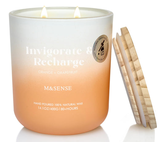 M&SENSE Orange Grapefruit Candle in a clear glass jar with a 2-wick setup