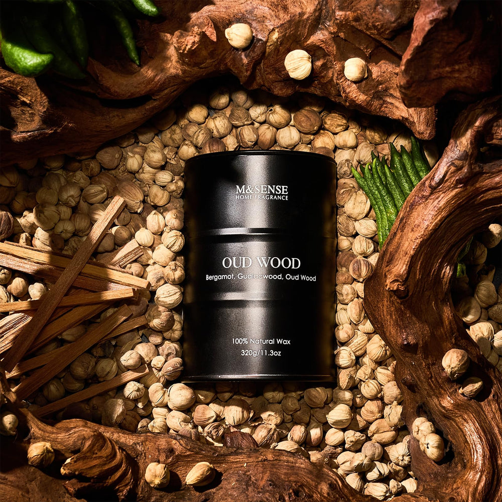 Close-up of natural soy wax candle with Oud Wood fragrance