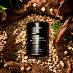Close-up of natural soy wax candle with Oud Wood fragrance