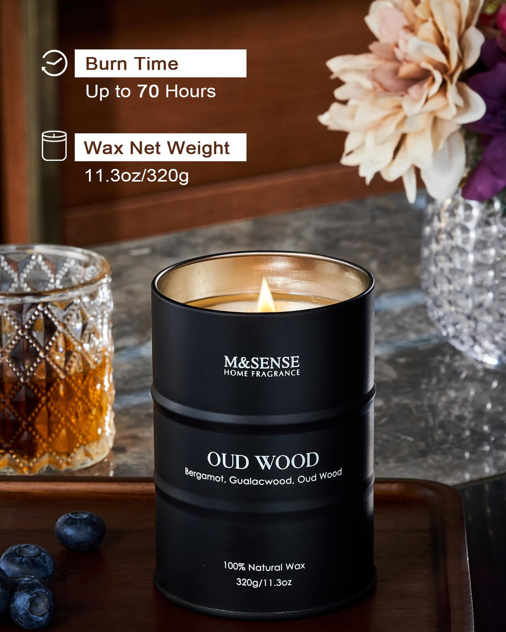 Gift-ready Oud Wood candle in elegant packaging