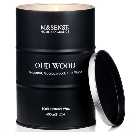 M&SENSE Oud Wood large scented candle in tin front view