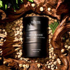 Close-up of lead-free cotton wick in Oud Wood candle