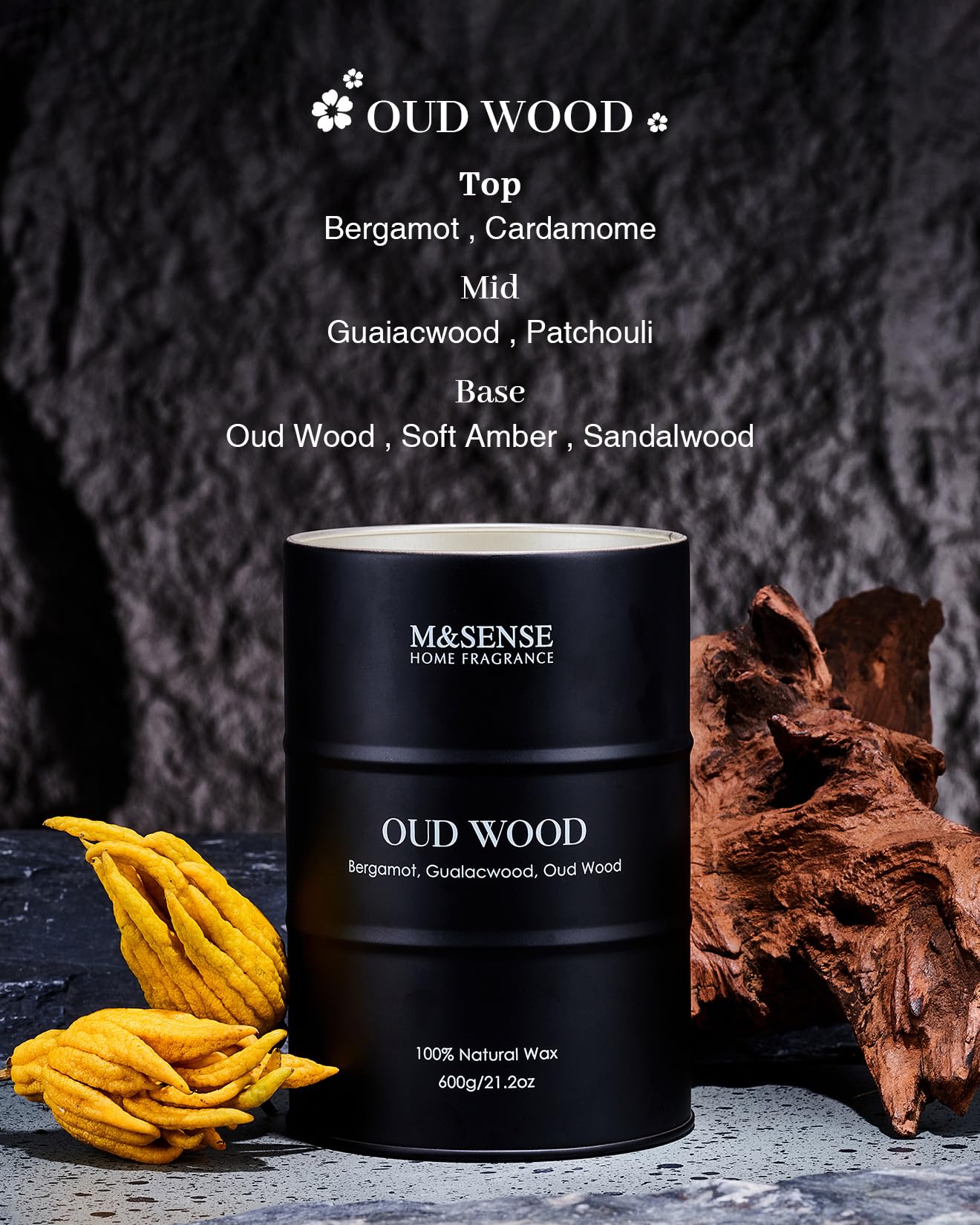 Natural soy wax blend detail of M&SENSE Oud Wood candle