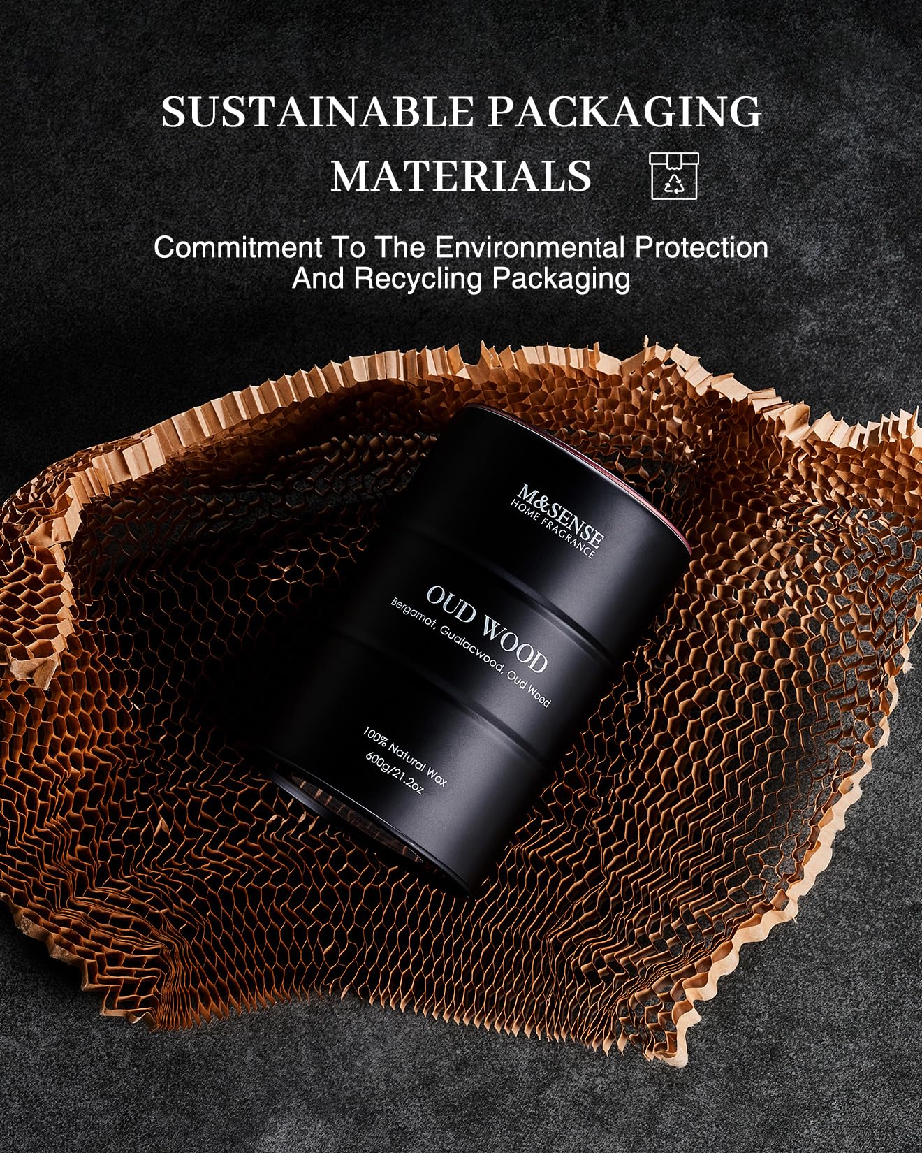 Elegant gift box packaging for M&SENSE Oud Wood candle