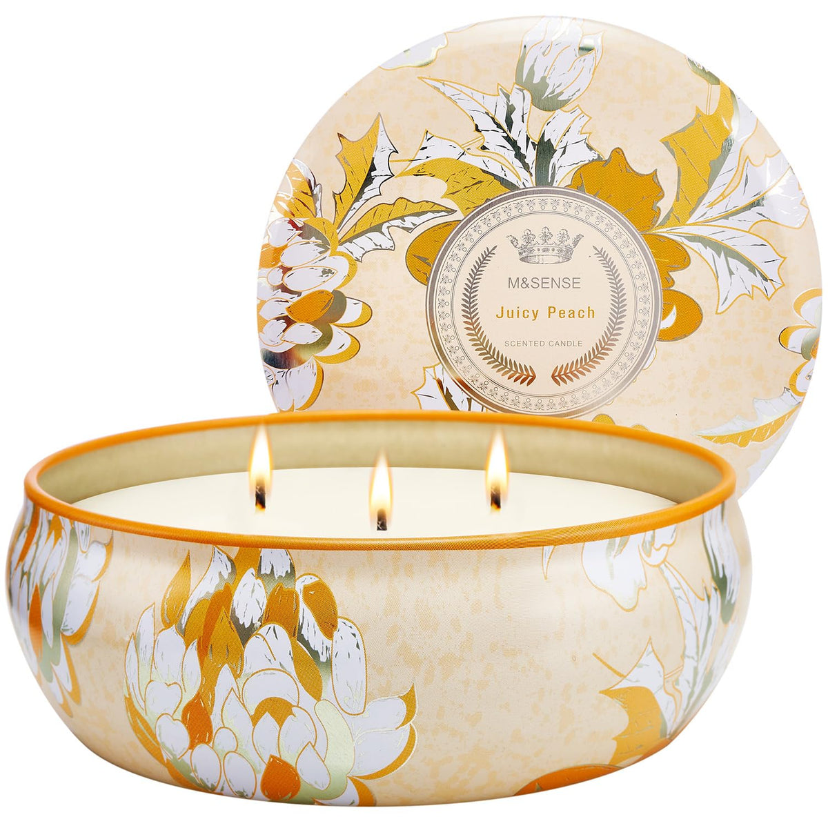 Front view of M&SENSE Peach scented candle 12oz 3-wick
