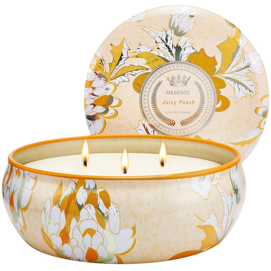 Front view of M&SENSE Peach scented candle 12oz 3-wick