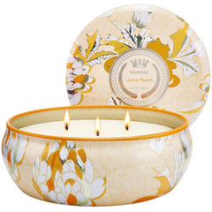 Front view of M&SENSE Peach scented candle 12oz 3-wick