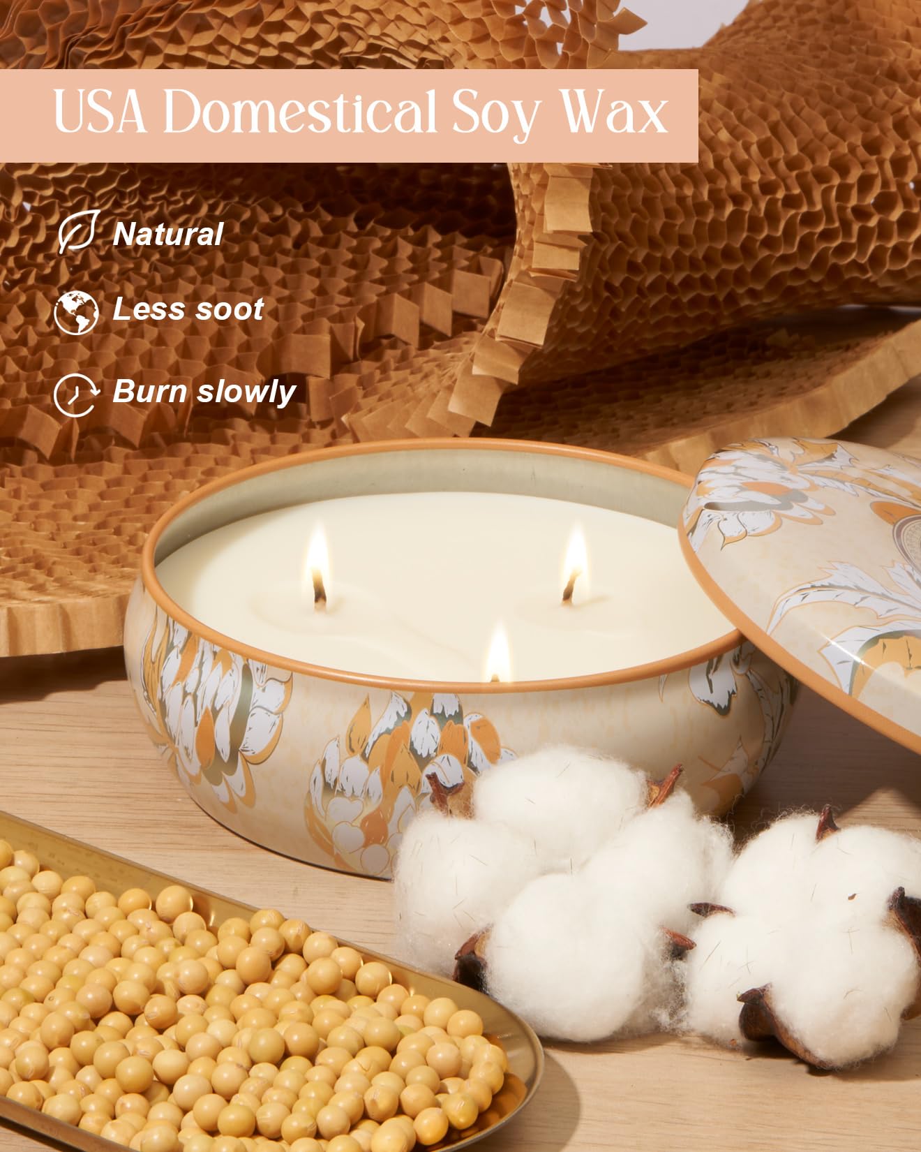 Top view showing three wicks in the peach-scented candle