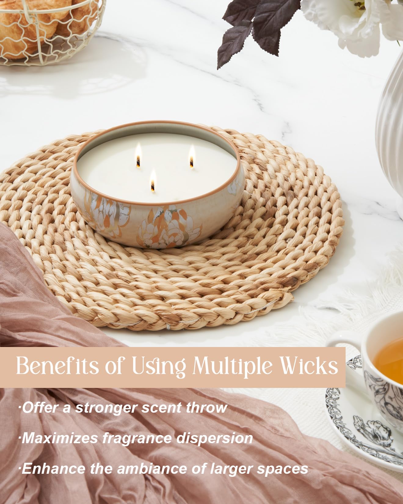 Close-up of the peach floral tin design