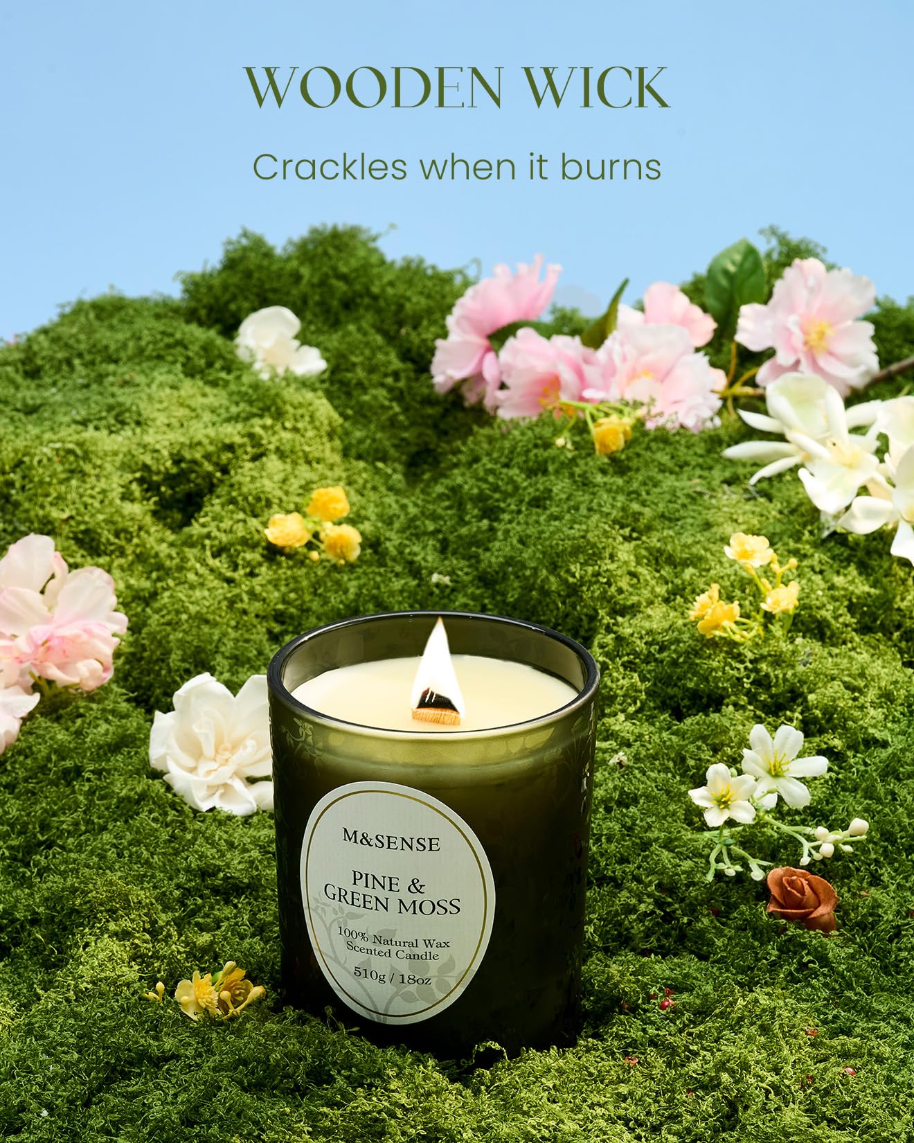 Close-up of crackling wooden wick in Pine & Moss candle