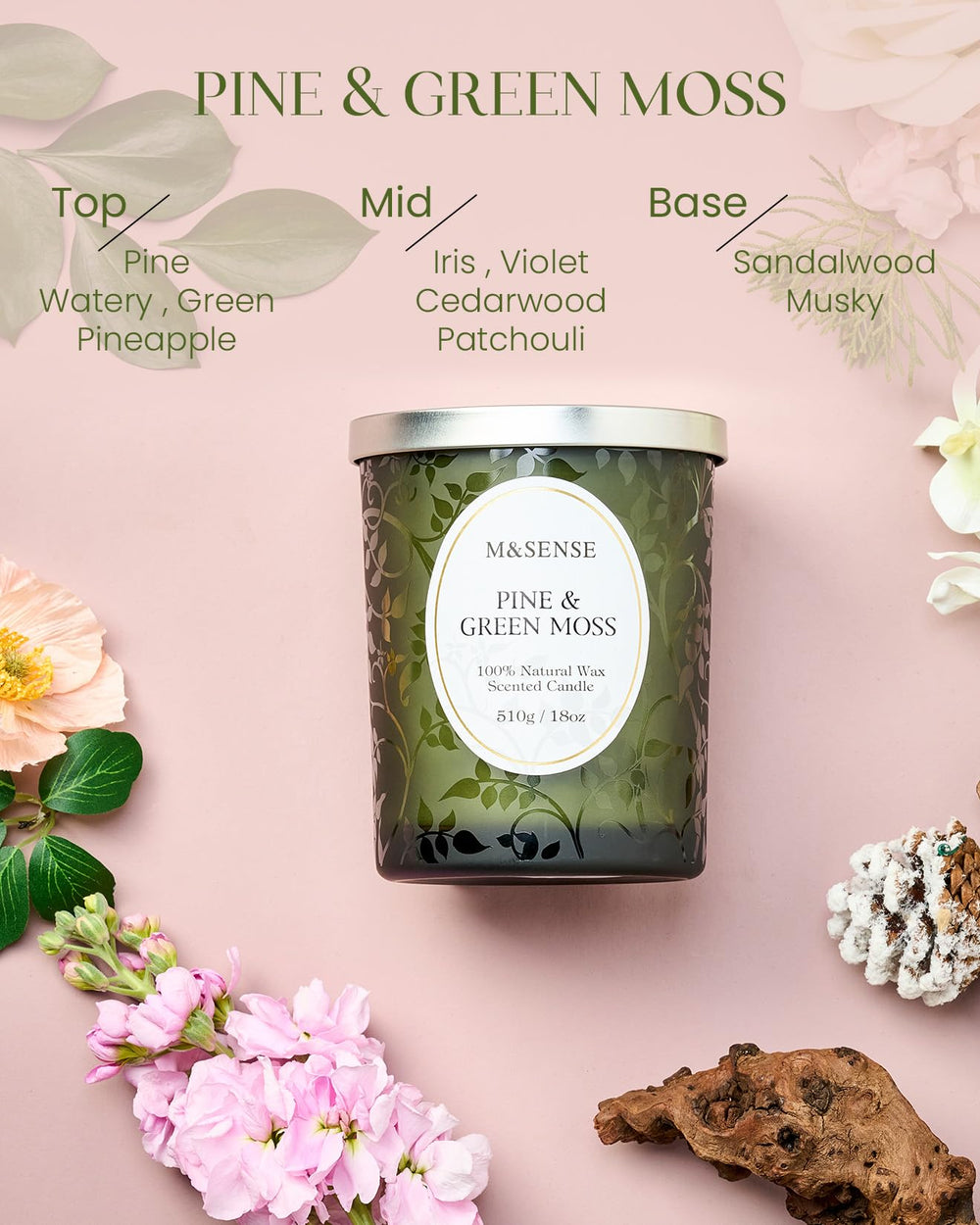 Front view of 18oz Pine & Moss scented candle jar