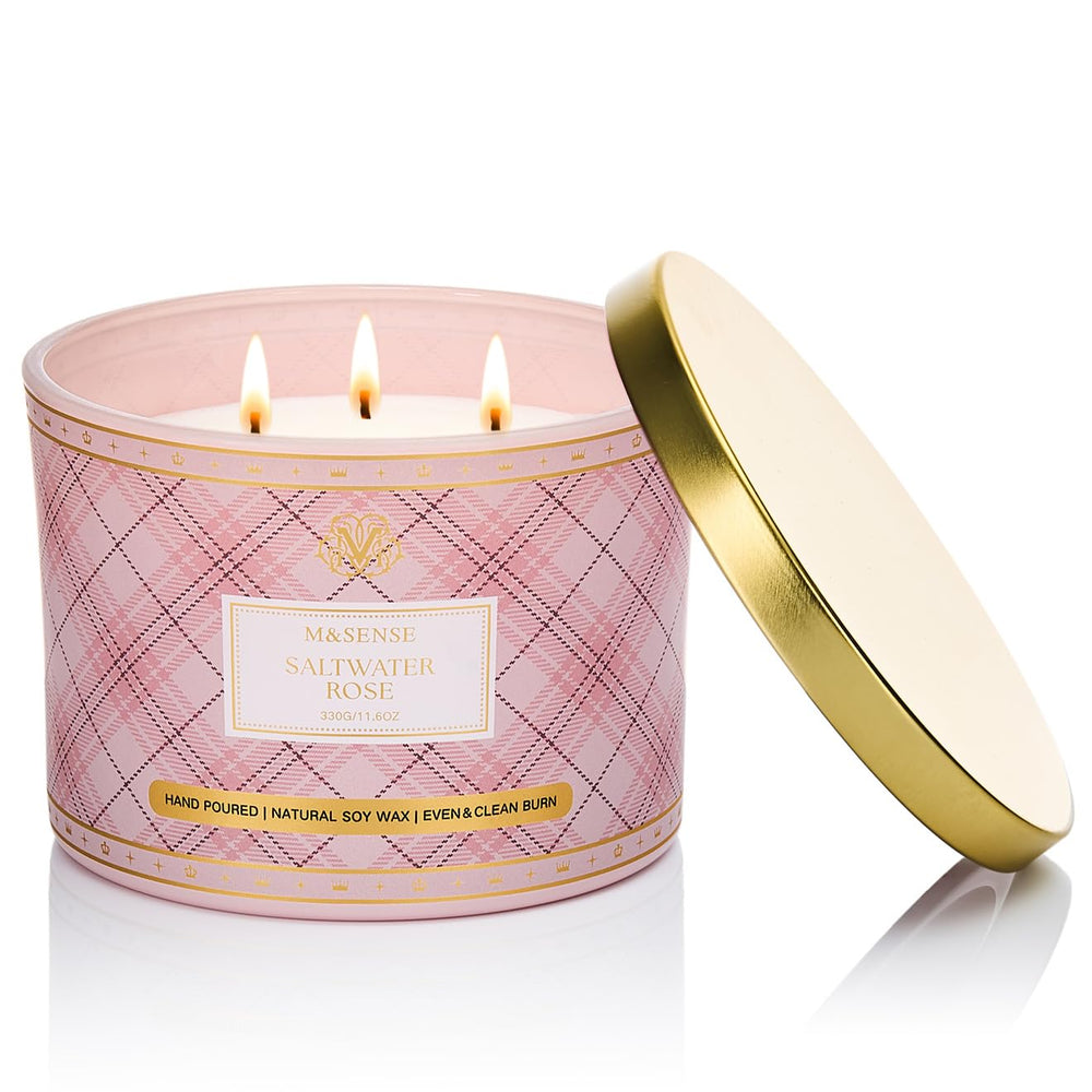 M&SENSE plaid-pattern 3-wick soy candle in Saltwater Rose, 11.64 oz