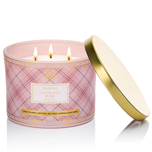 M&SENSE plaid-pattern 3-wick soy candle in Saltwater Rose, 11.64 oz