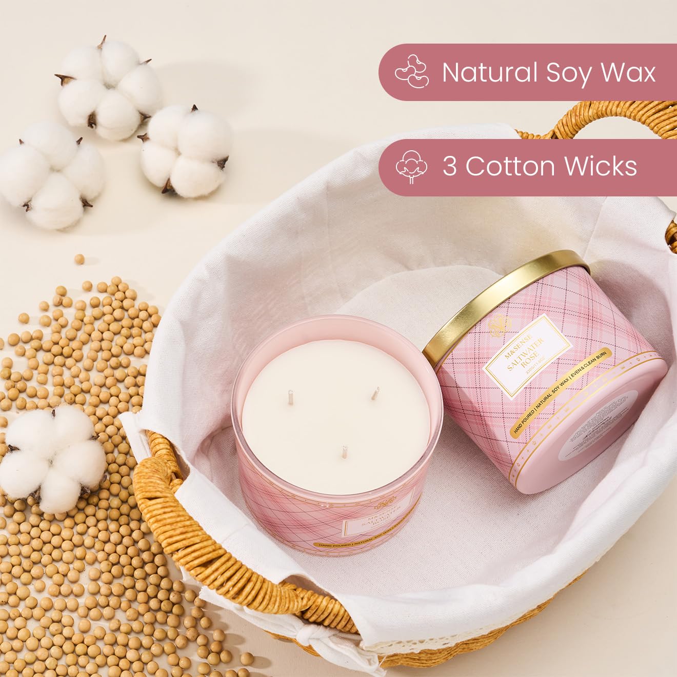 Close-up of 3-wick burn on Saltwater Rose candle