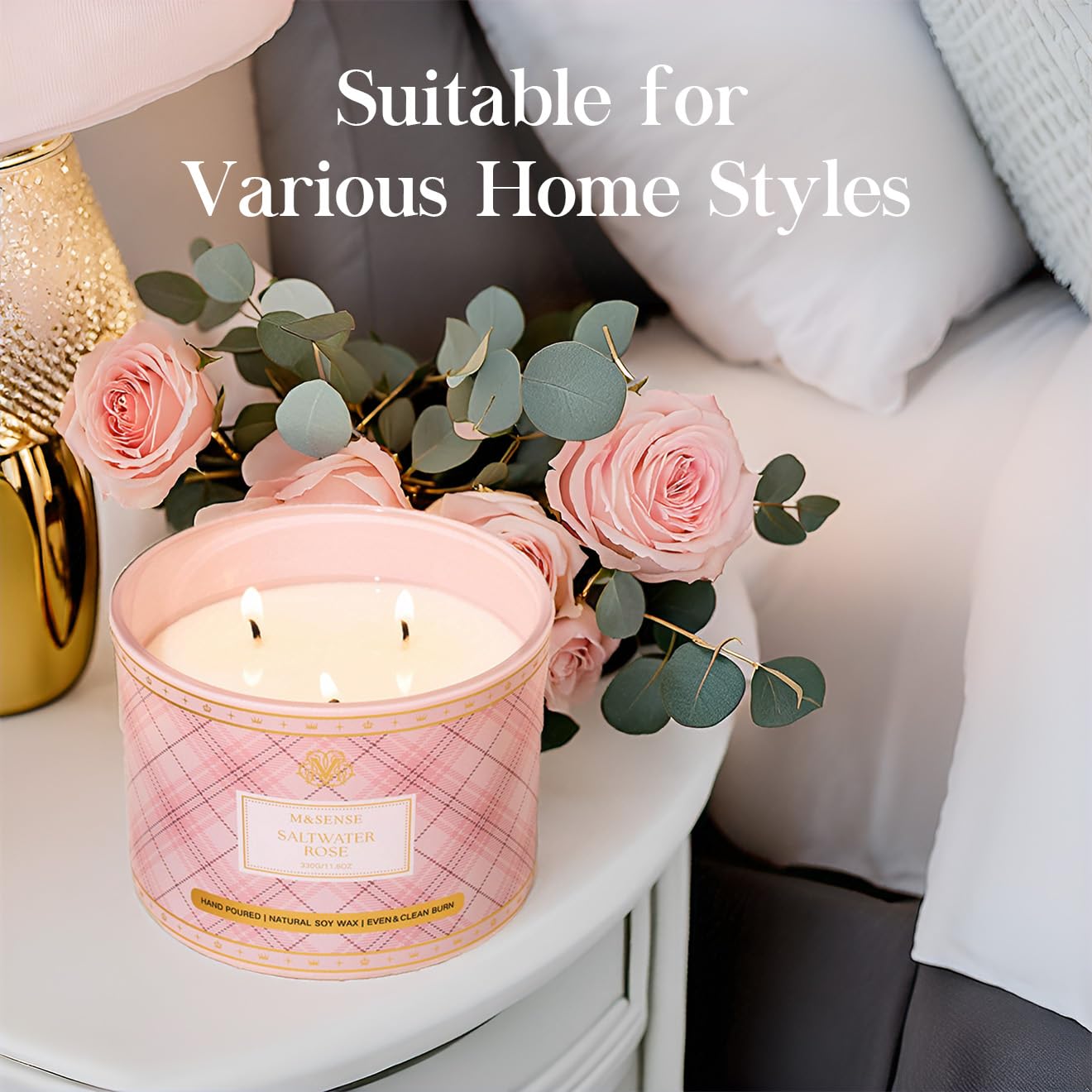 Gift-ready Saltwater Rose candle in plaid vessel