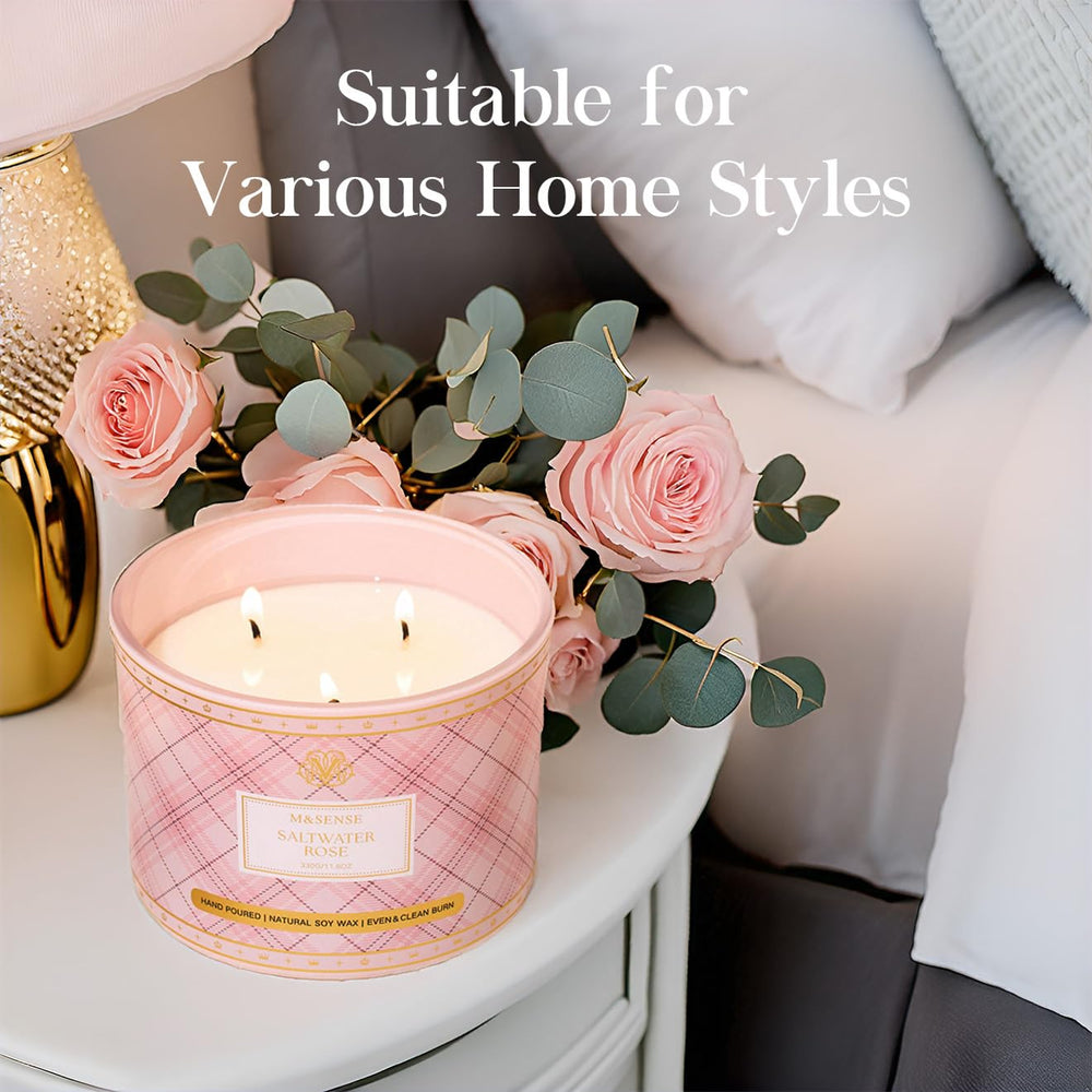Gift-ready Saltwater Rose candle in plaid vessel