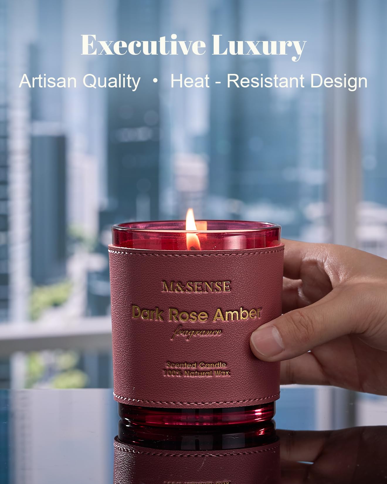 Gift-ready candle with leather sleeve and box