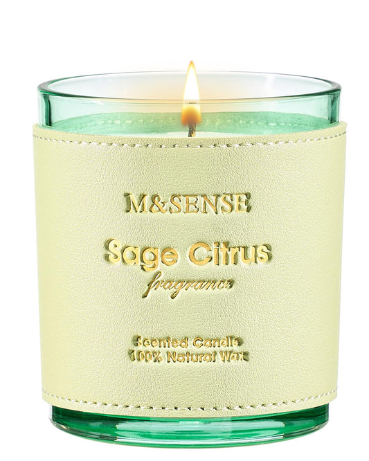 Front view of M&SENSE Sage Citrus candle with hand-stitched leather sleeve