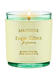 Front view of M&SENSE Sage Citrus candle with hand-stitched leather sleeve