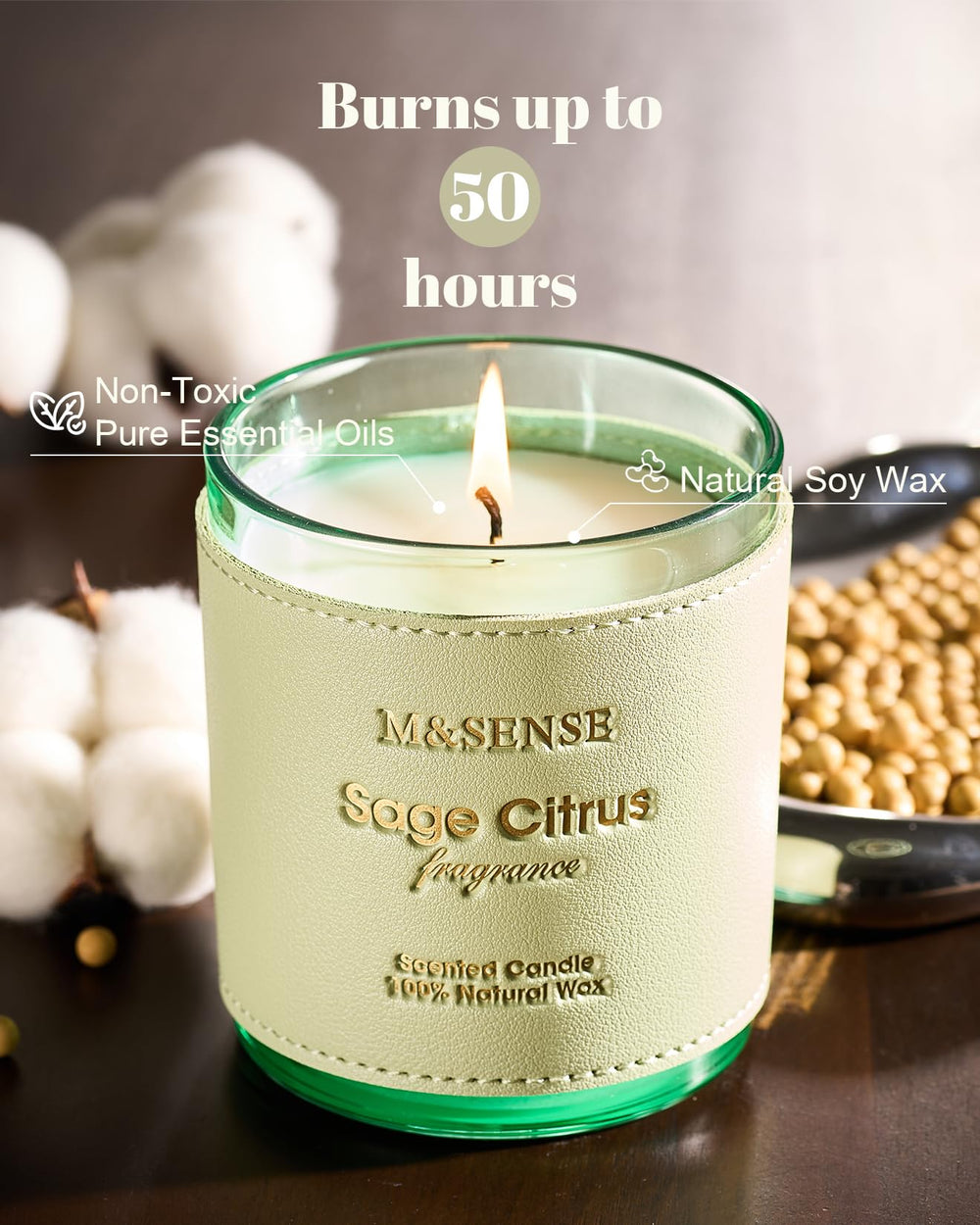 Teakwood Intense fragrance note label on M&SENSE Sage Citrus candle