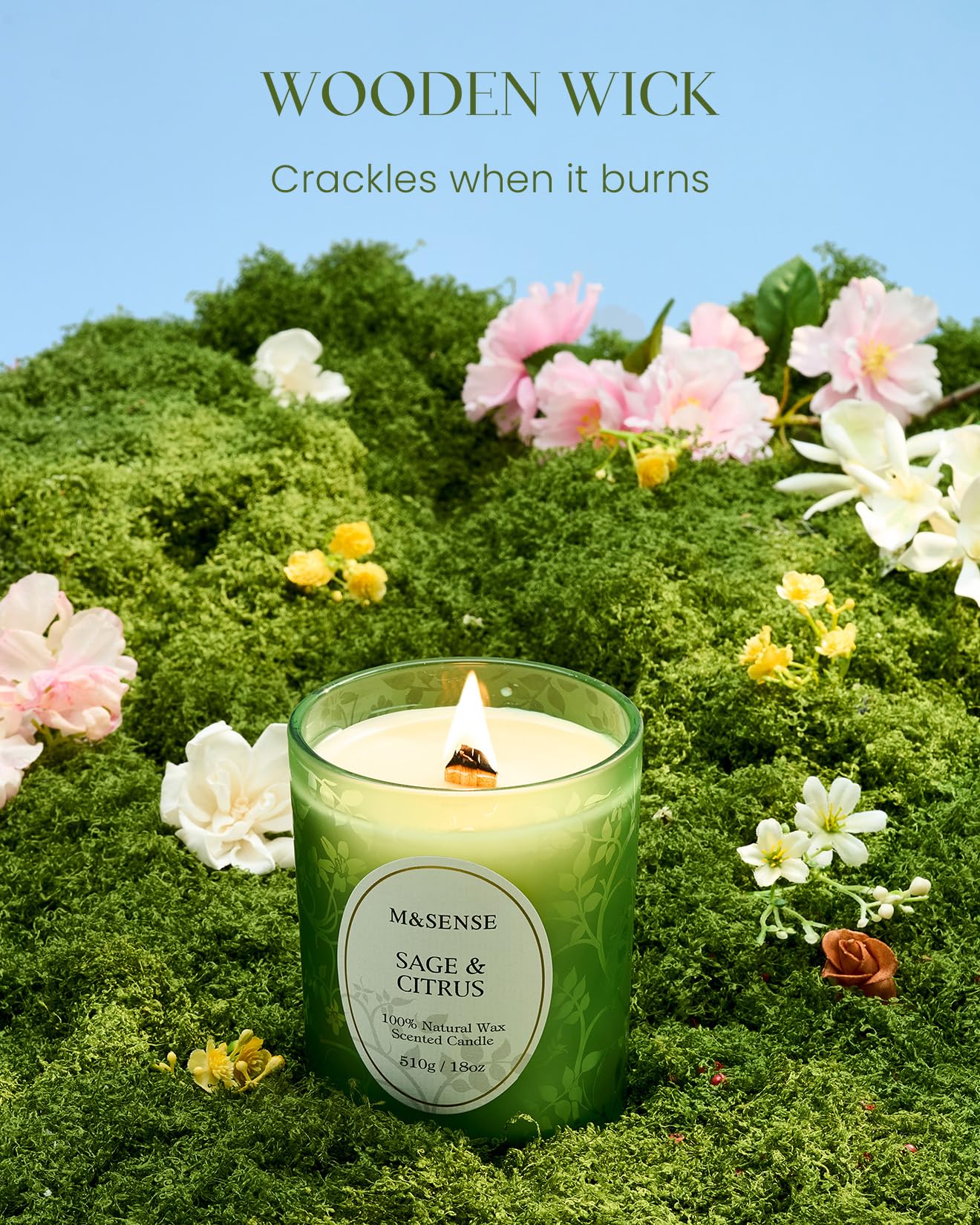 Crackling wooden wick lit in Sage Citrus candle