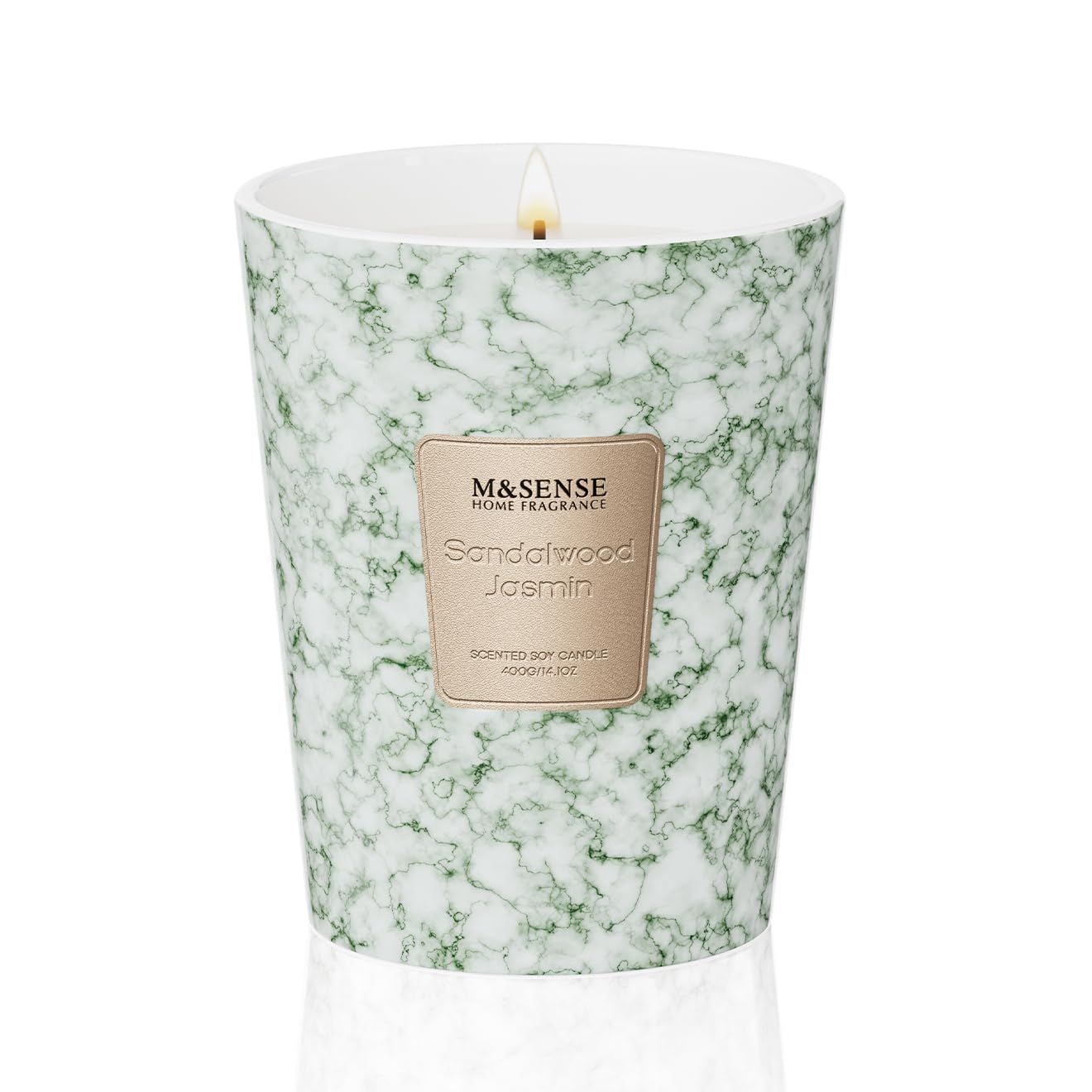 M&SENSE branding on candle packaging