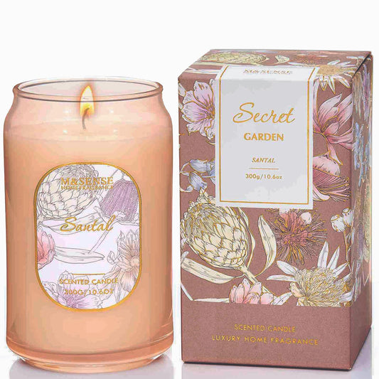 M&SENSE Santal Candle 10.6 oz in clear glass jar with label
