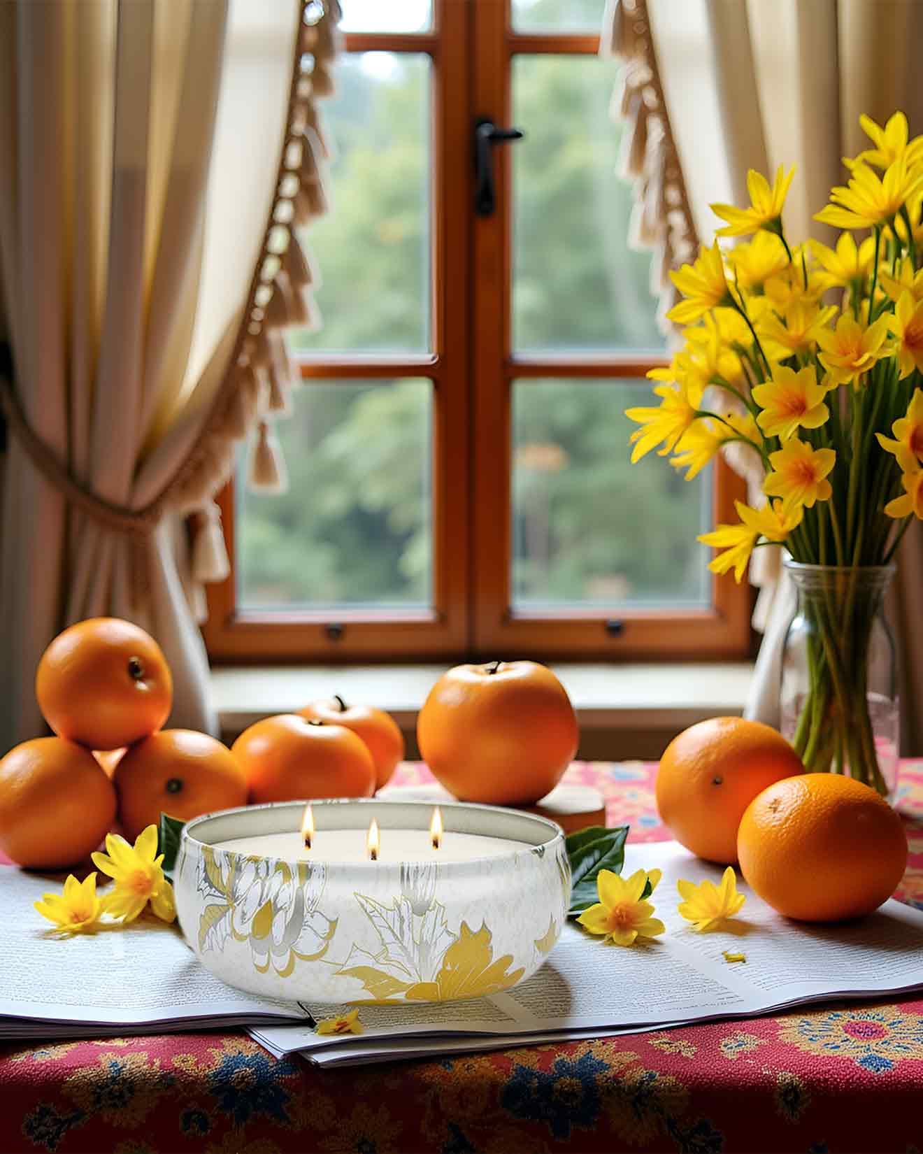 Close-up of the three cotton wicks burning in the Sunkissed Citrus candle