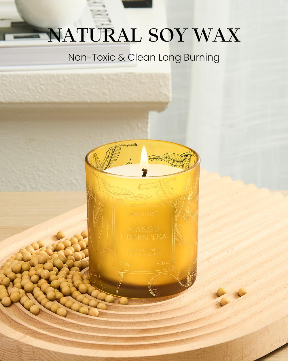 Close-up of Mango Green Tea candle label with gold foil
