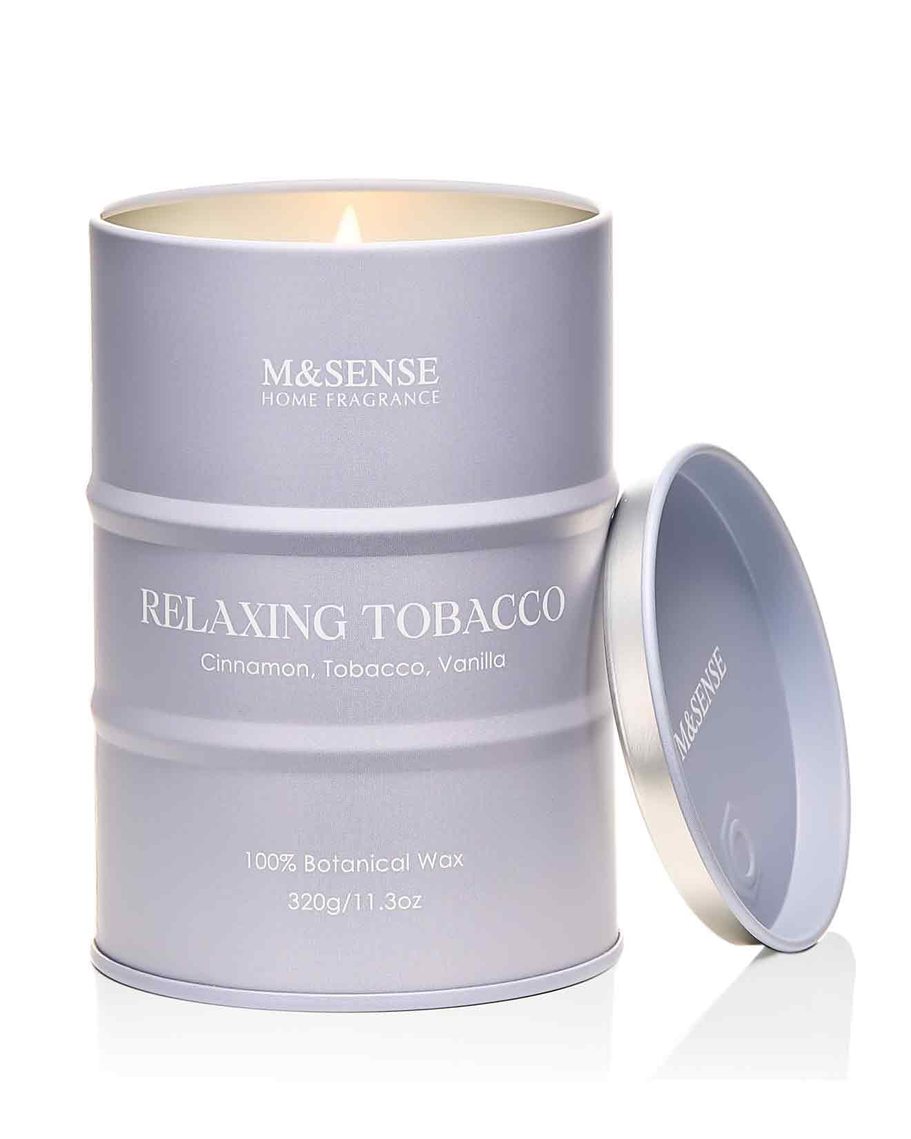 Top view of M&SENSE Tobacco Scented Candle in a recyclable tin