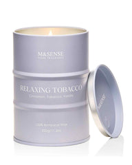 Top view of M&SENSE Tobacco Scented Candle in a recyclable tin