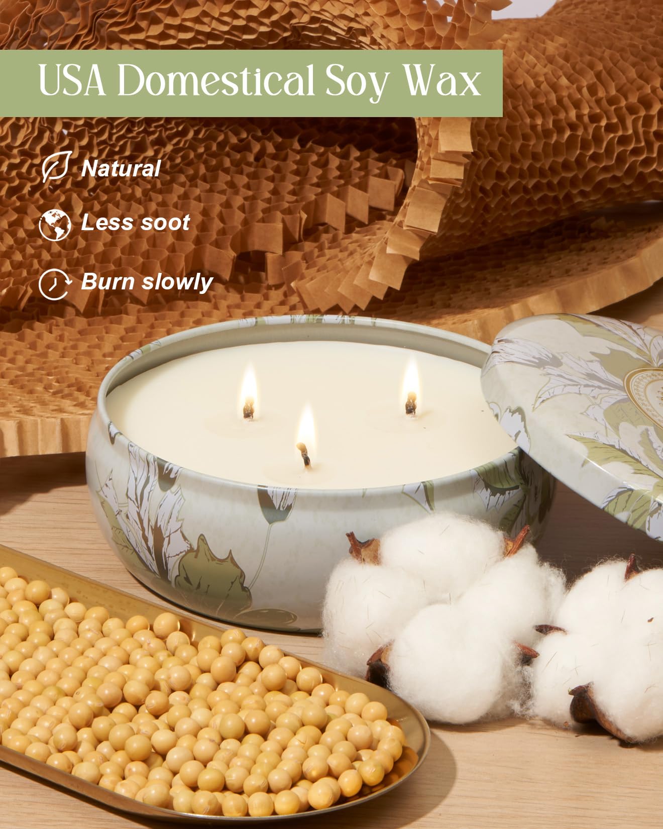 Eco-friendly recyclable tin candle with floral artwork