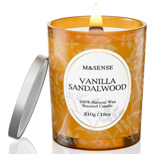 M&SENSE Vanilla Sandalwood Candle in a matte glass jar with botanical print