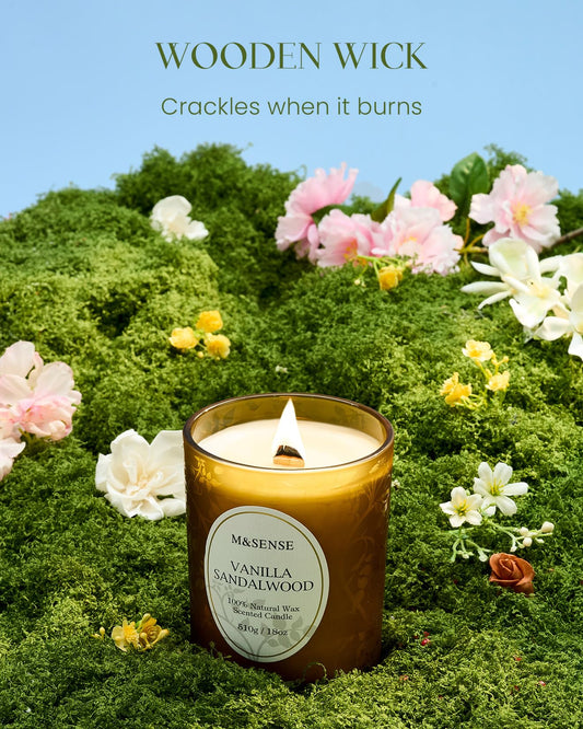 Close-up of crackling wooden wick in 18oz candle