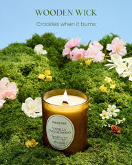 Close-up of crackling wooden wick in 18oz candle