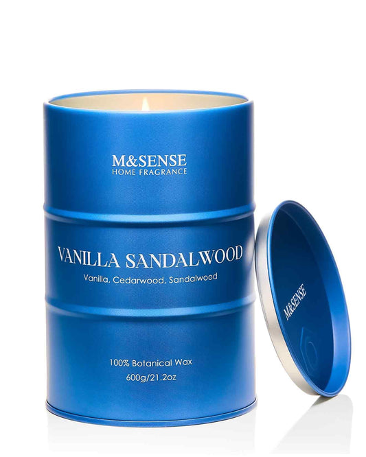 M&SENSE Vanilla Sandalwood scented candle in a recyclable tin