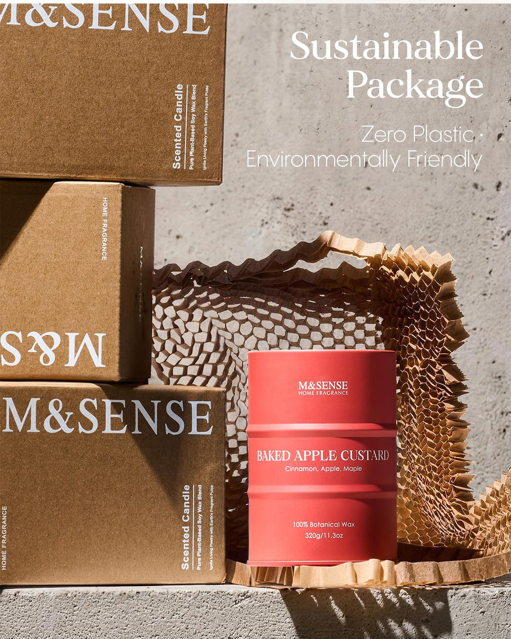 Vela sostenible con materiales vegetales y empaque reciclable.