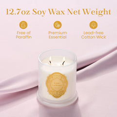 Close-up of 2-wick soy candle with gold label jar