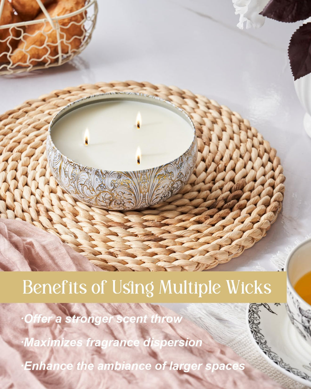 Even burn with three wicks in M&SENSE White Tea candle