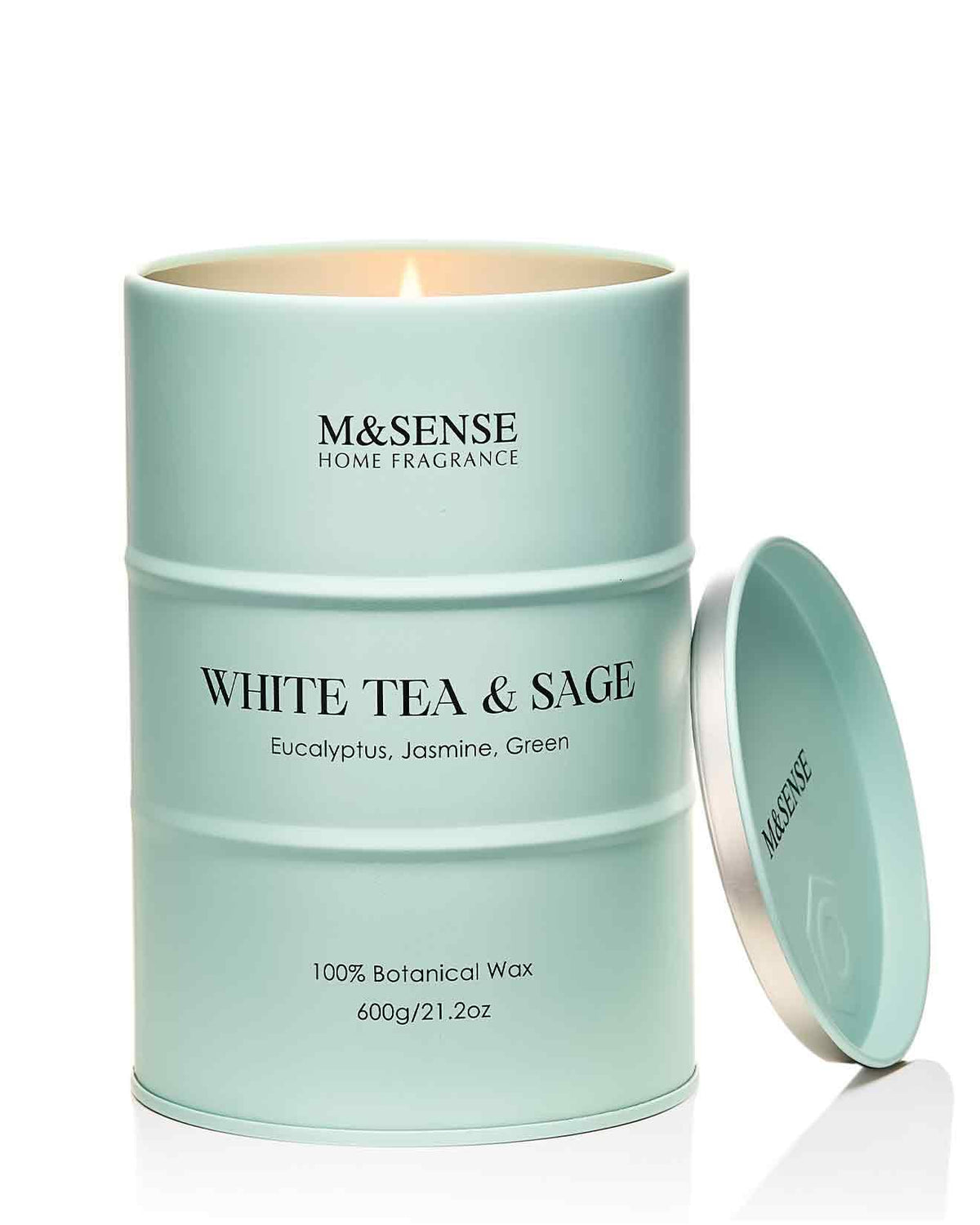 M&SENSE White Tea Sage scented candle in a tin, front view