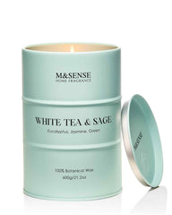M&SENSE White Tea Sage scented candle in a tin, front view
