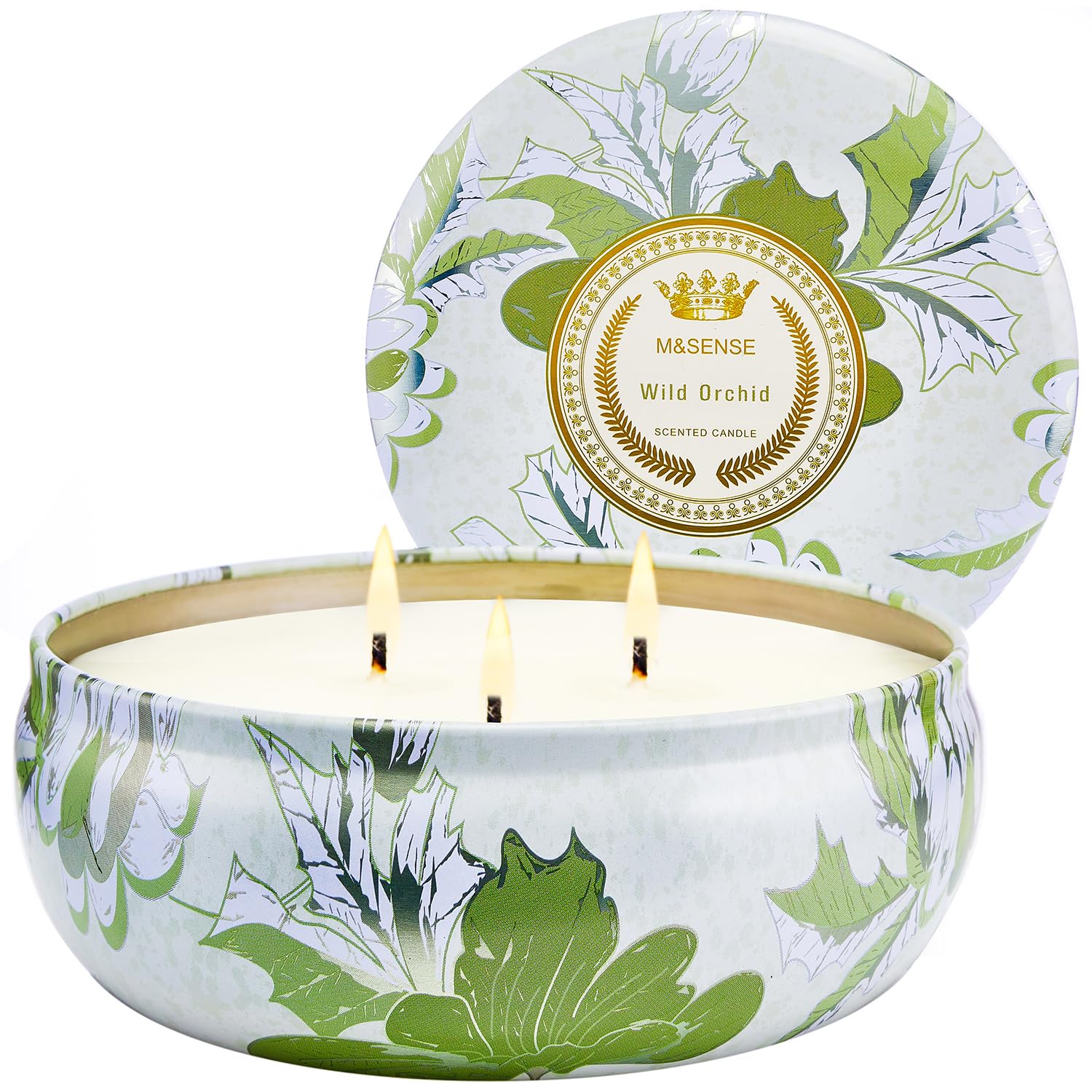 M&SENSE Wild Orchid 3-wick soy candle tin – front view